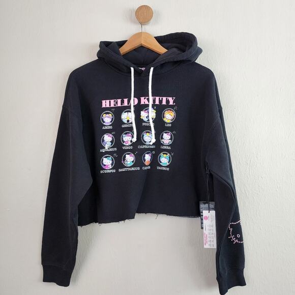 NEW Forever 21 Hello Kitty Black Astrology Graphic Cropped Fleece Hoodie - Picture 1 of 11